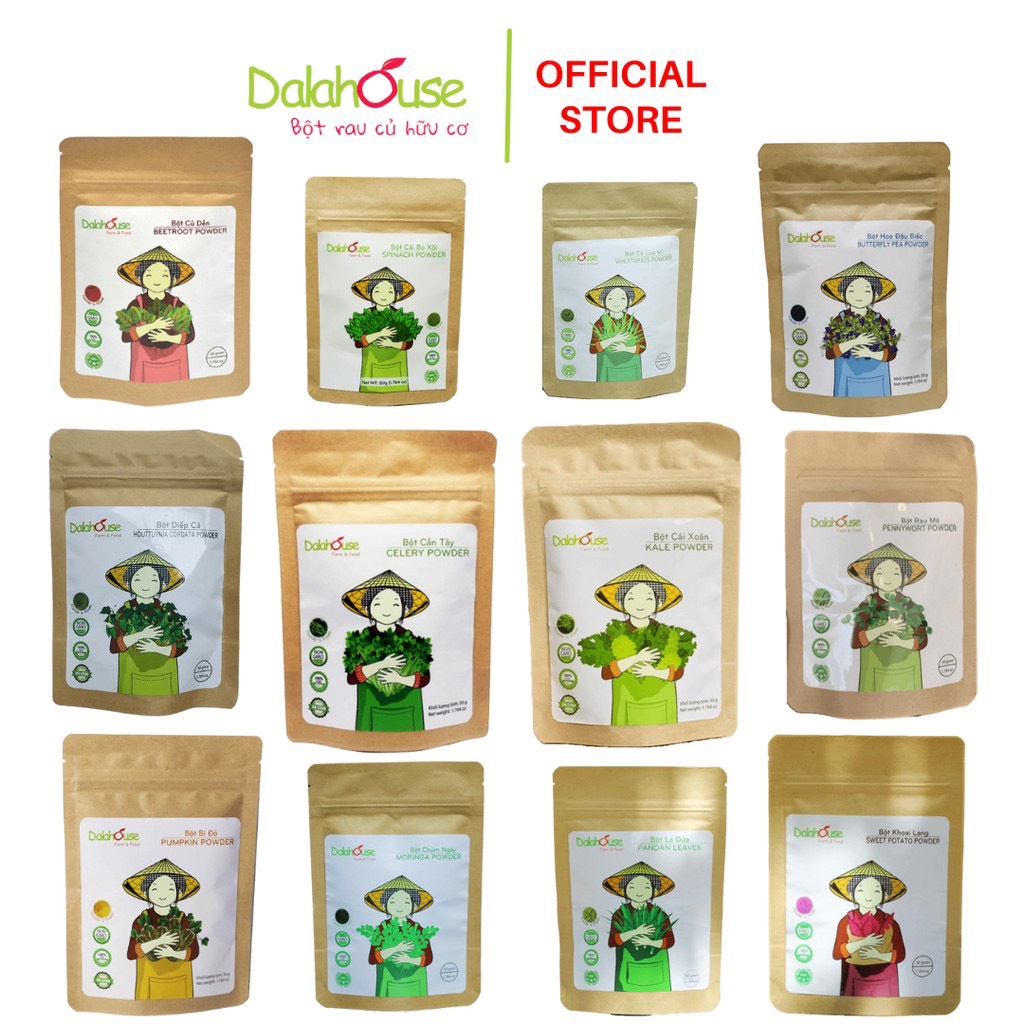 Bột rau củ nguyên chất sấy lạnh Dalahouse gói 50g- cần tây, cải bó xôi, cỏ lúa mì, cải xoăn, diếp cá, chùm ngây, củ dền