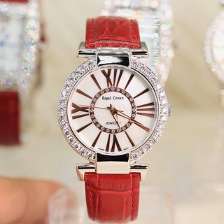 Đồng Hồ Royal Crown Viền Đá Dây Da Đỏ Cho Nữ