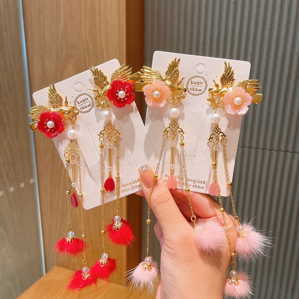 Kẹp Tóc Ruy Băng Đính Núm Tua Kiểu Cổ Điển Dễ Thương Cho Bé Gái