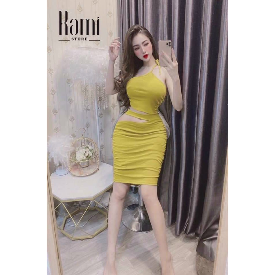 đầm kiểu khoe dáng sexy áo yếm lệch chân váy cut out khoét xinh, đi chơi đi tiệc cực đẹp