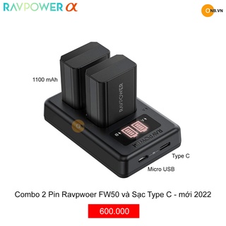 Ravpower FW50 bộ 2 pin và sạc đôi Type C cho Sony Alpha mẫu mới 2022