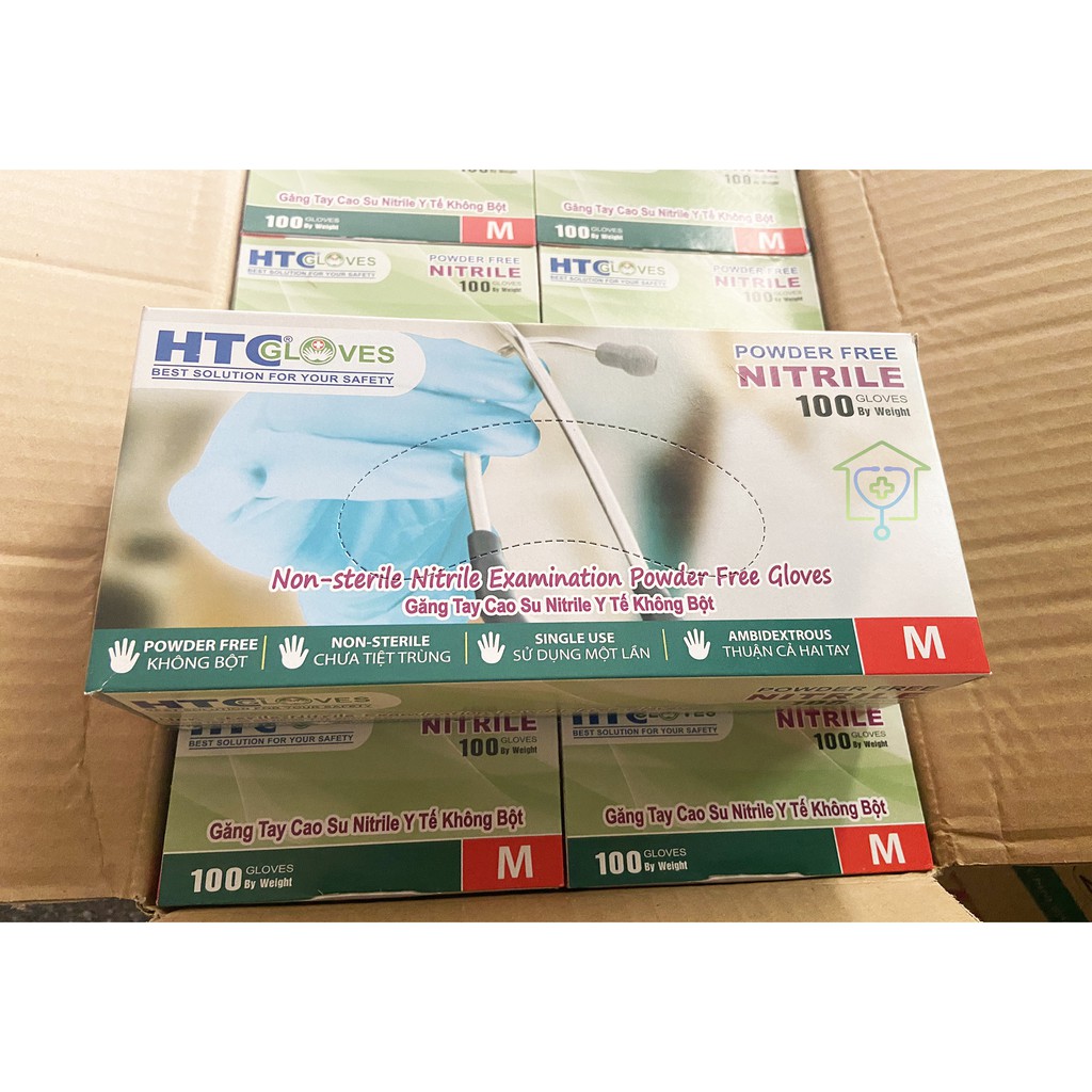 Găng Tay Cao Su Y Tế Cao cấp HTC Không Bột Nitrile – Màu Xanh Ngọc (TEAL BLUE) Đủ Size S M L / Hộp 100 Chiếc