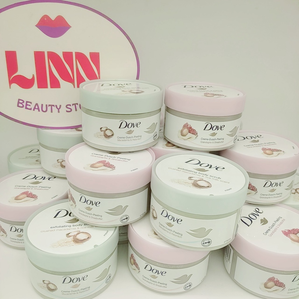 Kem tẩy da chết body Dove giúp tẩy tế bào chết chăm sóc da chiết xuất bơ hạt mỡ và hạt lựu 225ml | BigBuy360 - bigbuy360.vn