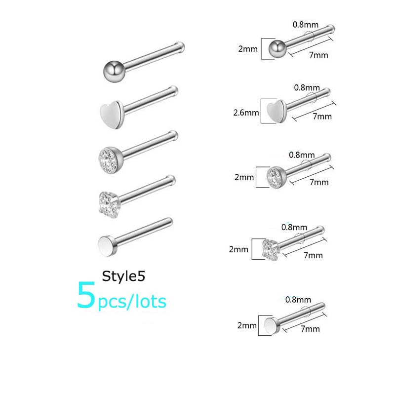 Bộ 5 Khuyên Mũi Chất Liệu Thép Không Gỉ 20g Cao Cấp