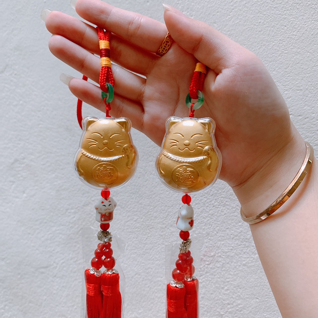 Dây Khánh Treo Xe Ô Tô Mèo Thần Tài May Mắn Maneki Neko Màu Vàng