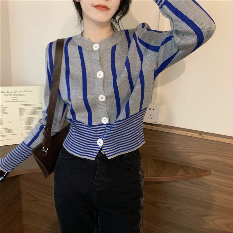 Áo Cardigan Dệt Kim Cổ Tròn Tay Phồng Dáng Ngắn Phong Cách Hàn Quốc Thời Trang Thu Đông Dành Cho Nữ 17882