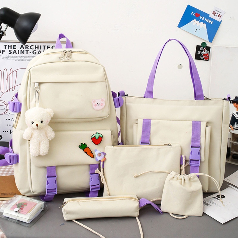 Set 5 Món Gồm Ba Lô + Túi Đeo Vai + Ví Sức Chứa Lớn Cho Tuổi Teen / Nữ