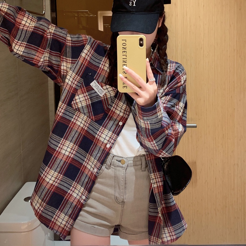 SUXI Áo Sơ Mi Caro Tay Dài Thời Trang Nữ