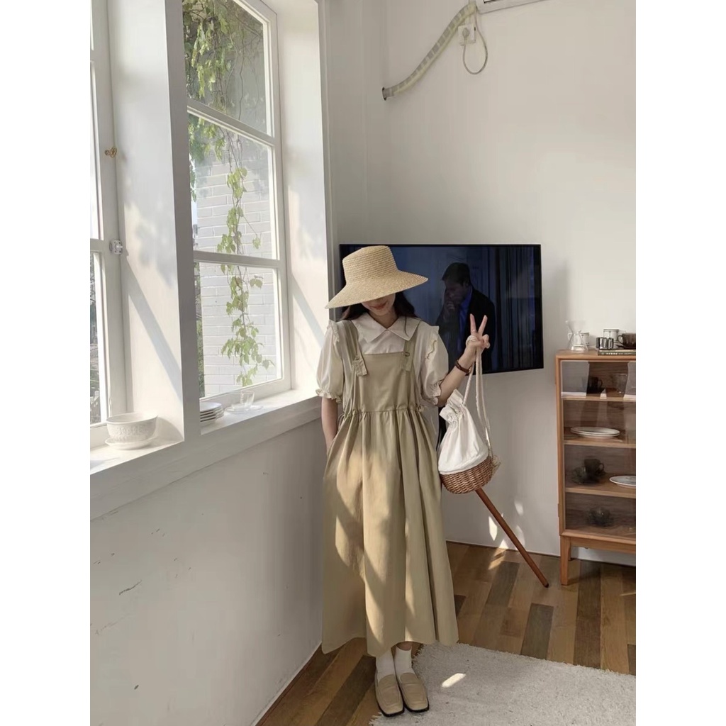 [Ảnh thật/Sẵn] Set yếm kaki dáng babydoll kèm áo sơ mi viền bèo tay bồng ulzzang