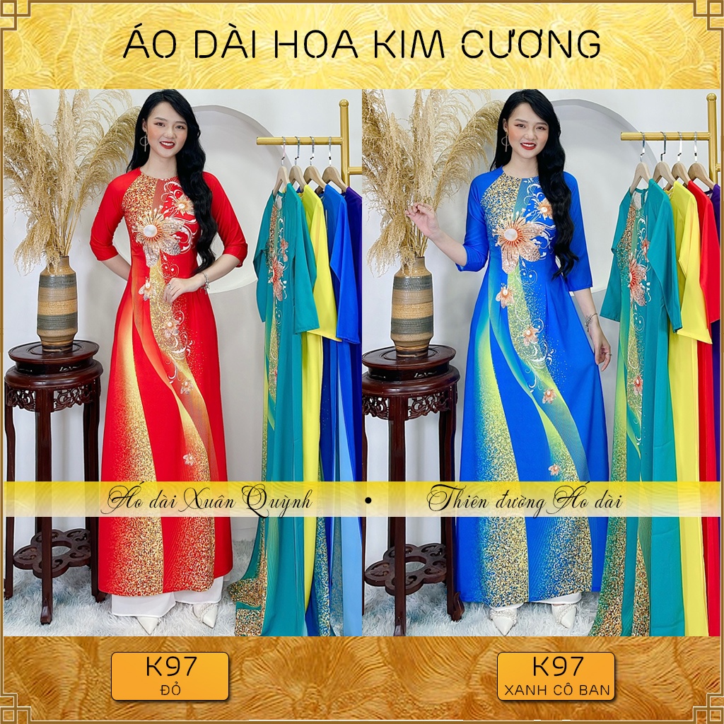 Áo Dài Họa Tiết Hoa Kim Cương Dải Chấm Bi Sang Trọng, Lụa Habutai K97 - Áo Dài Xuân Quỳnh