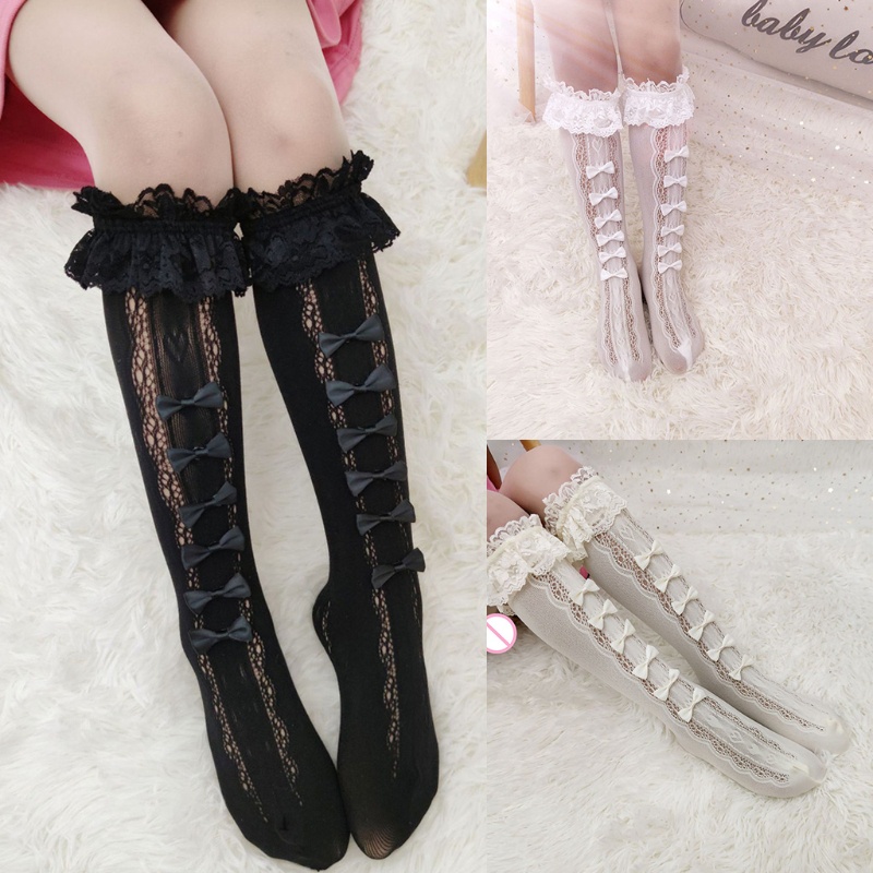 Đôi Vớ Phối Ren Rỗng Dài Đến Đầu Gối Đính Nơ Phối Bèo Nhún Hóa Trang Cô Hầu Gái Anime Lolita Nhật Bản