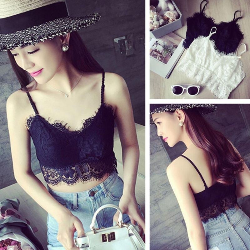 Áo croptop hai dây phối ren trắng đen dành cho nữ