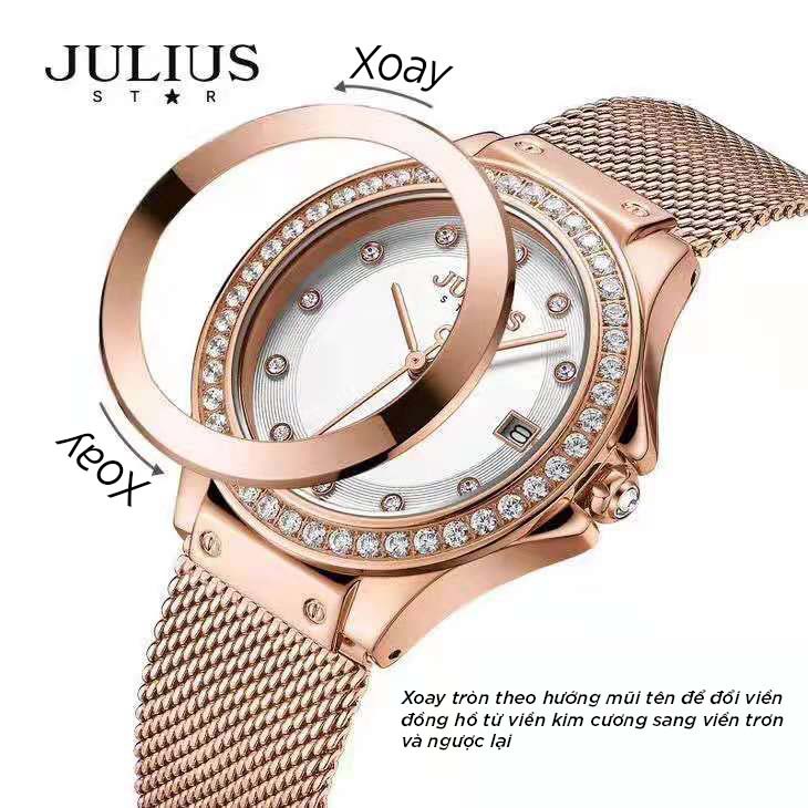 Combo đồng hồ nữ JS-040B JULIUS star kính sapphire dây kim loại