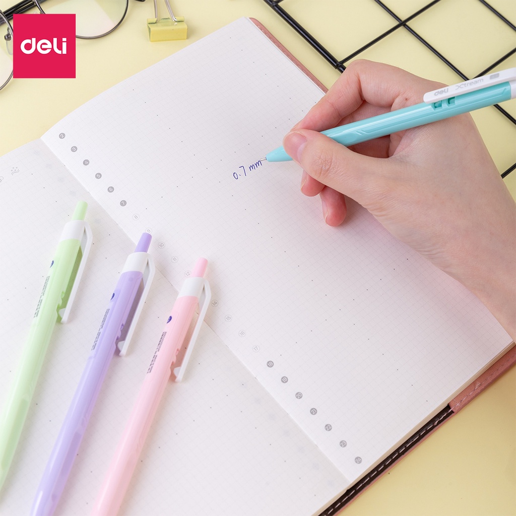 Bút bi bấm văn phòng mực xanh ngòi 0.7mm Deli giá rẻ viết nét đều trơn tru - Hộp 12 chiếc - EQ03330