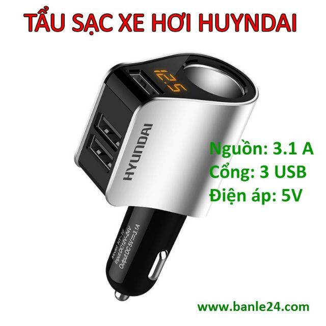 Tẩu sạc HYUNDAI 1 tẩu tròn và 3 USB nhỏ - có đèn led báo điện ap acquy