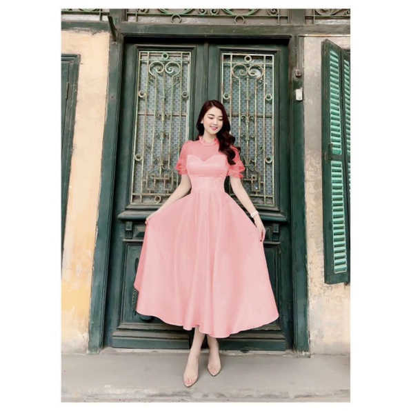 Đầm  váy công chúa, đi bàn form midi tafta phối lưới tay phồng