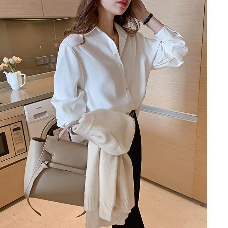 Áo sơ mi DADUHEY chiffon tay dài dáng rộng size lớn 3 màu sắc tùy chọn phong cách Hàn Quốc thời trang
