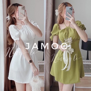 Đầm nữ cổ yếm tay phồng thắt nơ, váy xoè cổ buộc dây hai màu xanh, trắng
