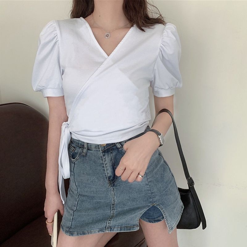 [Order] Áo kiểu croptop vạt chéo tay phồng trơn màu basic style