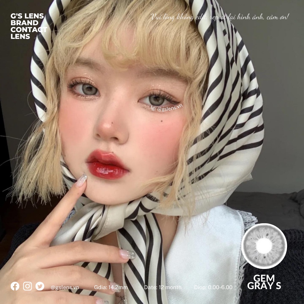Lens Mắt Kính Áp Tròng Xám Tây Sáng Gem Gray Vân Mắt Giãn Ít Có Từ 0 Đến 7 Độ Lệch Độ Size S 14.2mm