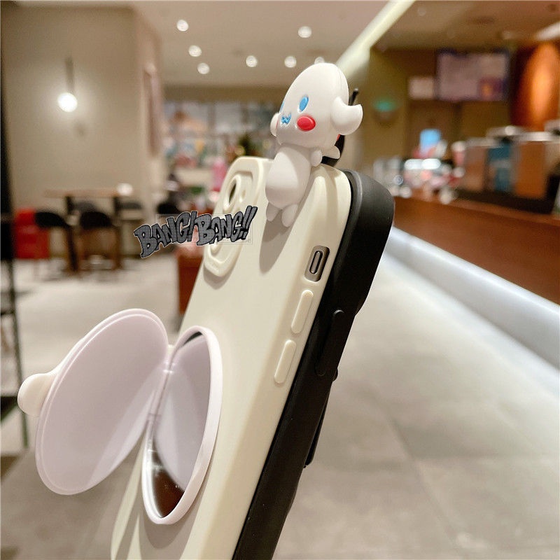 Ốp Điện Thoại Hình Kuromi / Cinnamoroll Trắng / Đen Nhật Bản Gắn Dây Đeo + Gương Tròn Cho iPhone 5 Trong 1 14 13 12 11 Pro Max mini X XS XR 8 7 6 6s Plus