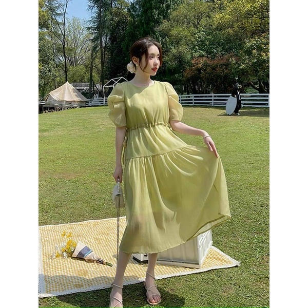 Đầm midi xanh lá voan tơ rút eo