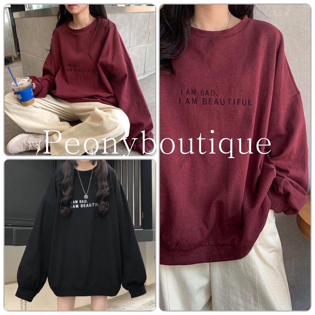 Áo Nỉ Im Bad Đỏ PEONYB Nữ [FREESHIP]  Sweater form rộng tay bồng, hoodie cổ tròn phong cách vintage cá tính Ulzzang