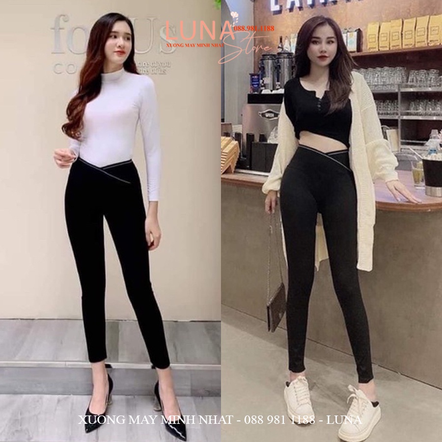 ♙Quần legging nữ cạp cao viền kẻ trắng đen vạt chéo gen bụng nâng mông dáng tregging dài ôm body vải Umi co giãn gym