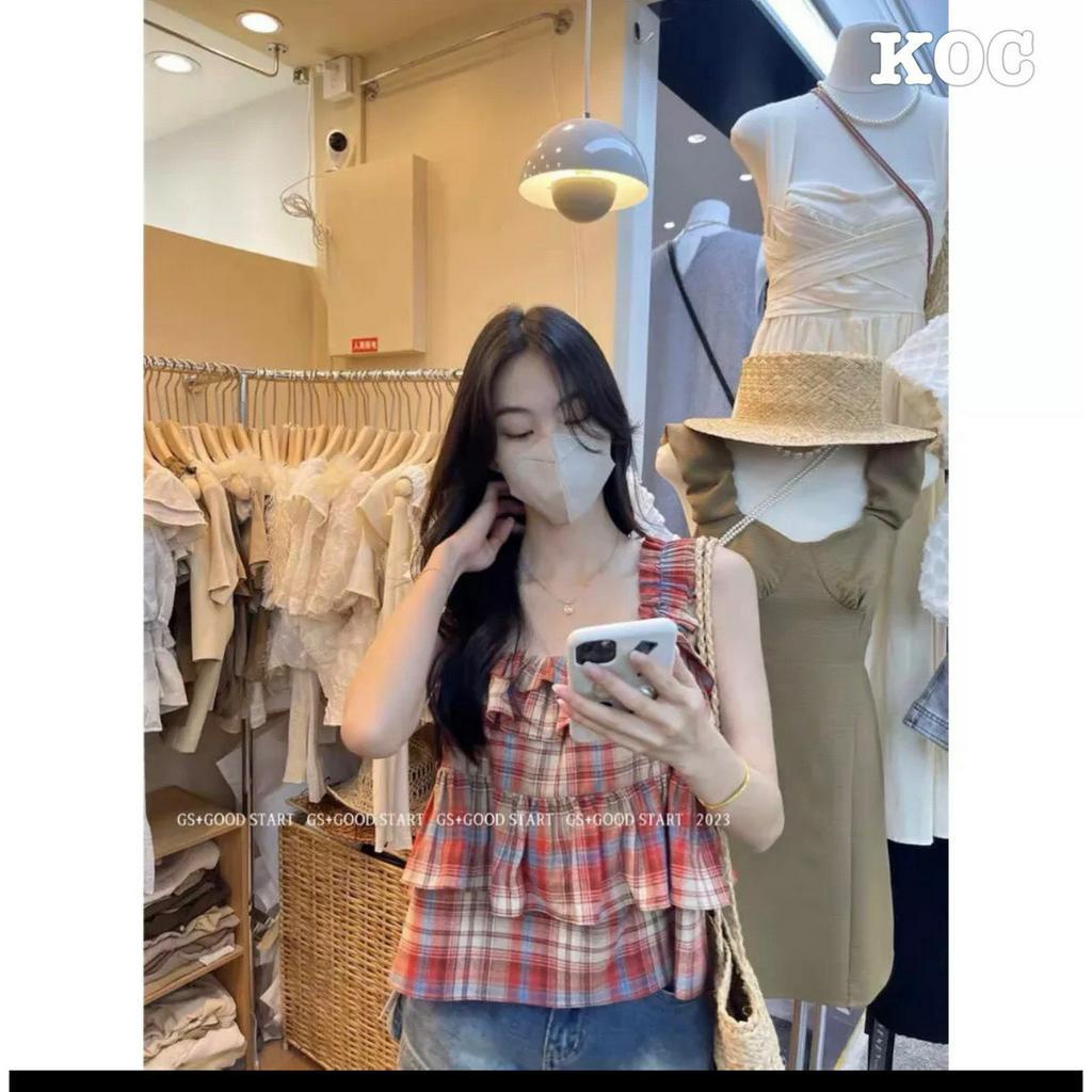 Áo Kẻ Caro Đỏ 2 Dây Bản To Bèo Tầng Áo 2s Viền Bèo Ngực Freesize