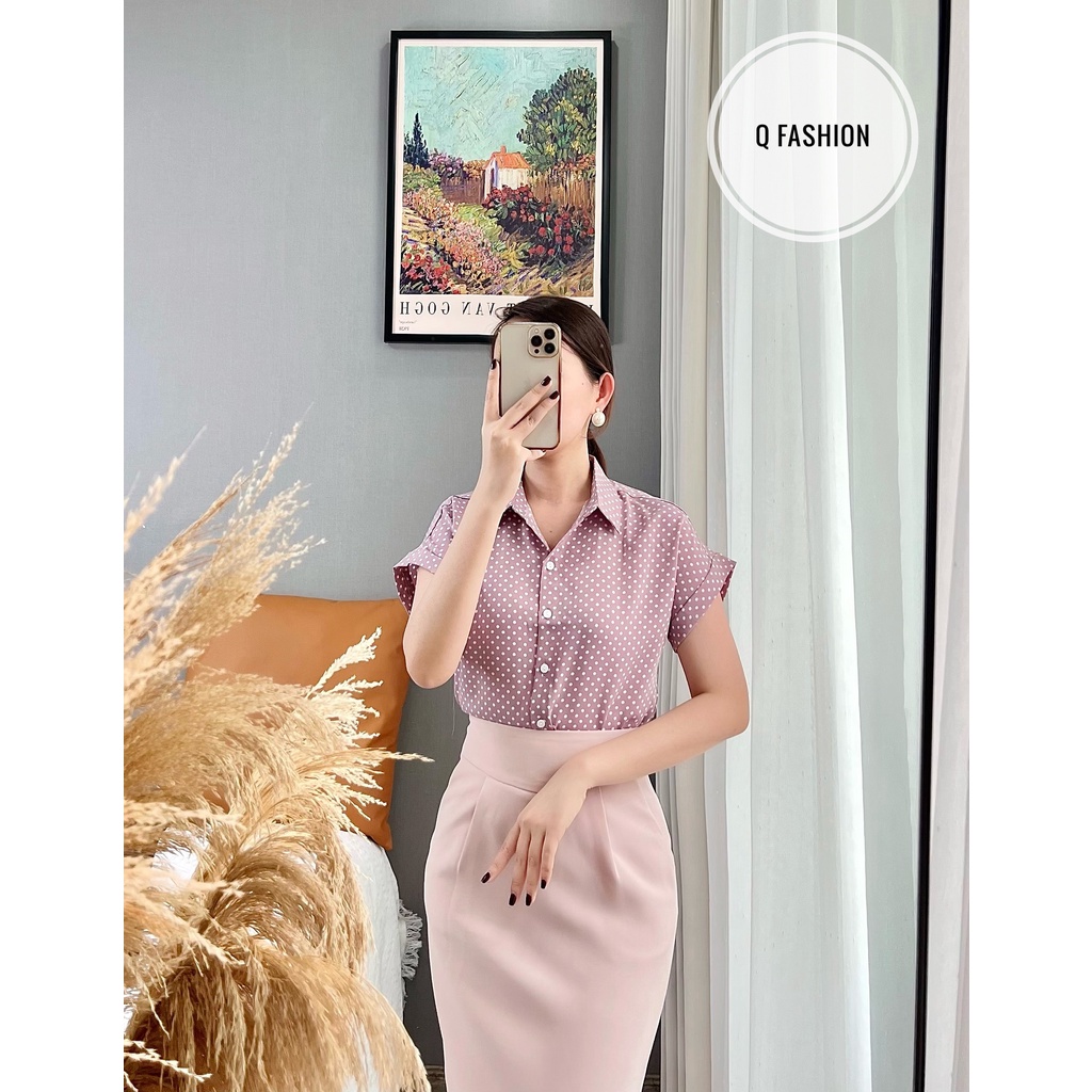 Áo sơ mi lụa chấm bi, không nhăn có cổ, ngắn tay chất siêu mát
