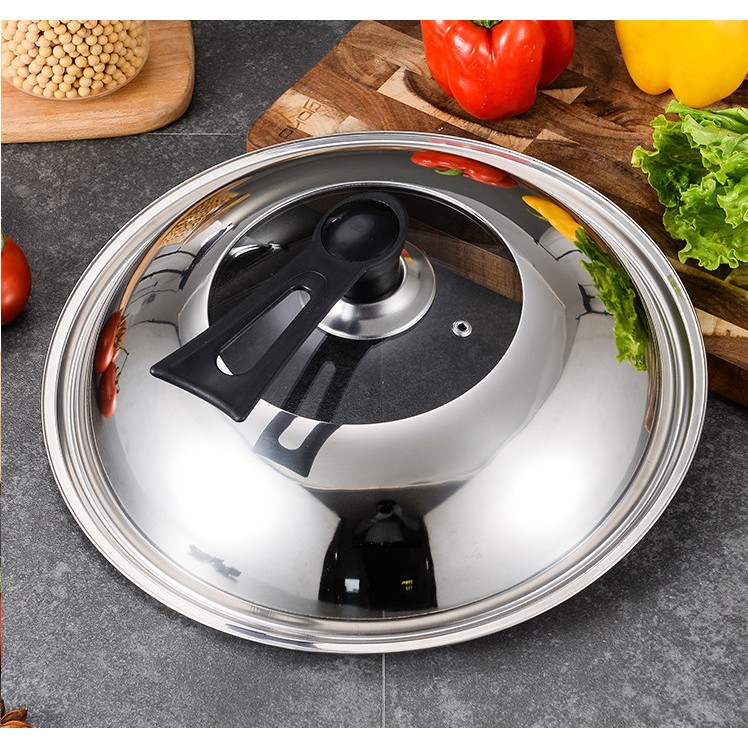 Nắp Đậy Chảo Chống Dính Size Lớn Bằng Kính Cường Lực + Inox Với Tay Cầm Đứng Cao Cấp, Tiện Lợi