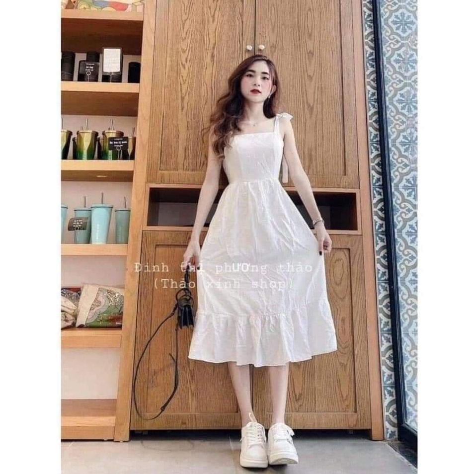Đầm Nữ 2 Dây Thắt Nơ Vai Màu Trắng, Váy Trắng 2 Dây Cột Nơ Vai Bánh Bèo Maxi Đi Biển Form Chuẩn