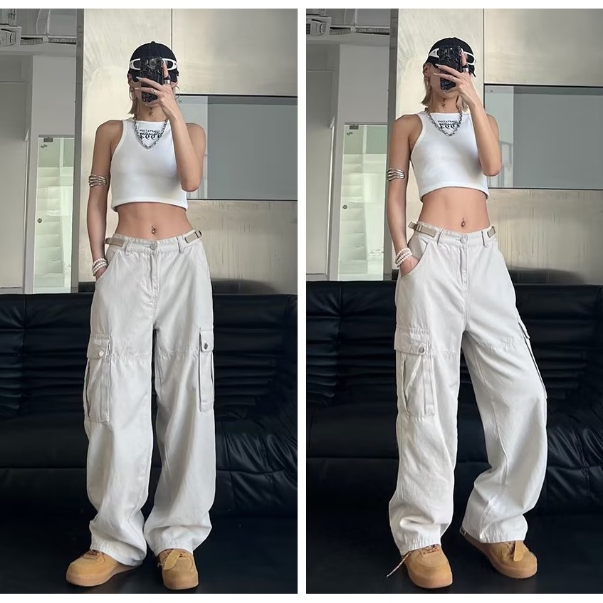 Quần Dài Ống Đứng Màu Sắc Đơn Giản Phong Cách Retro Cho Nam Nữ Quần Yếm unisex lưng cao