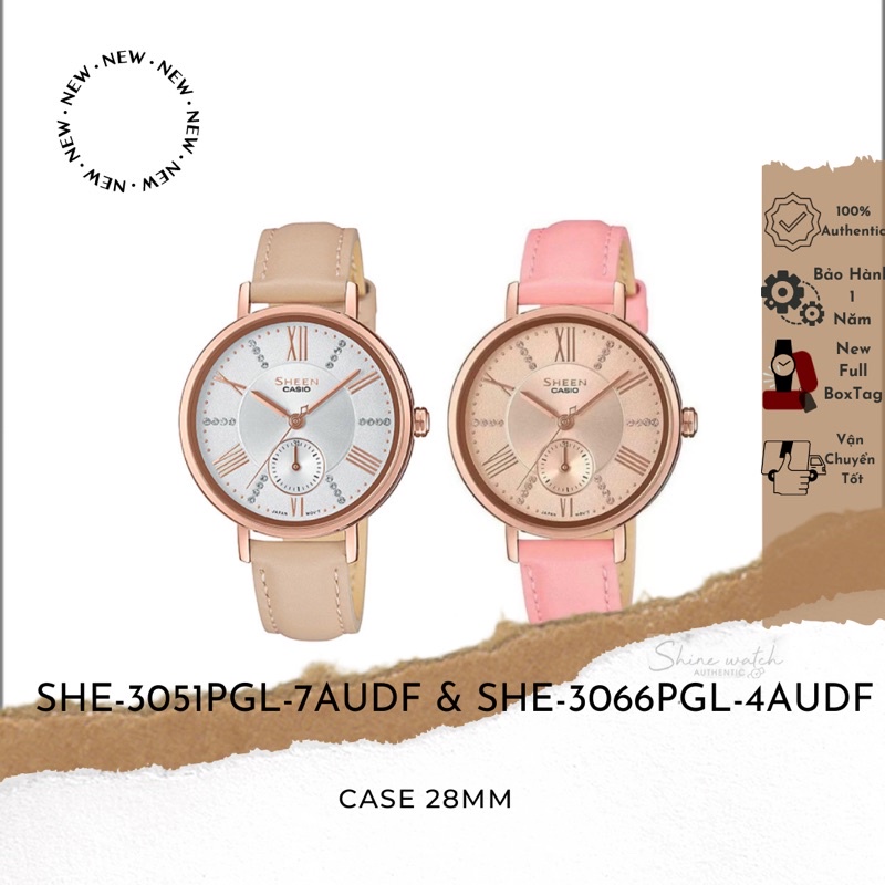 Đồng Hồ Nữ Casio Sheen SHE-3051PGL-7AUDF & SHE-3066PGL-4AUDF Dây Da Hồng & Nude Case 28mm