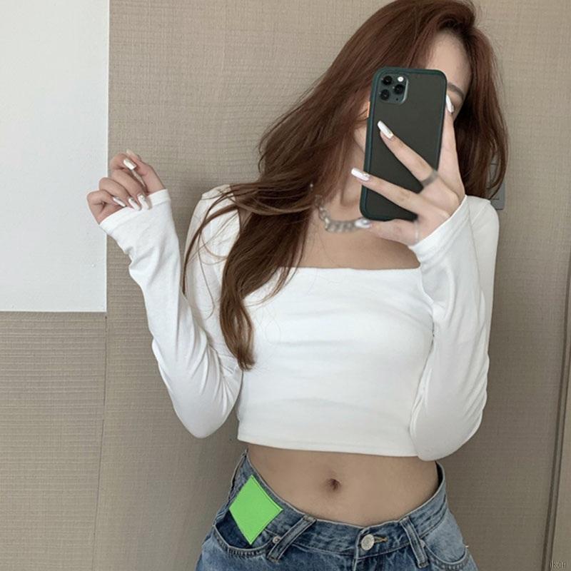 Áo Thun Dài Tay Cổ Vuông Thiết Kế Đơn Giản Hợp Thời Trang Theo Phong Cách Hàn Quốc