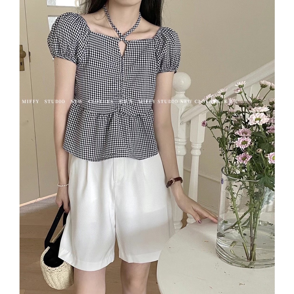 Áo Baby Doll Kẻ Caro Trễ Vai, Áo Trễ Vai  - A538