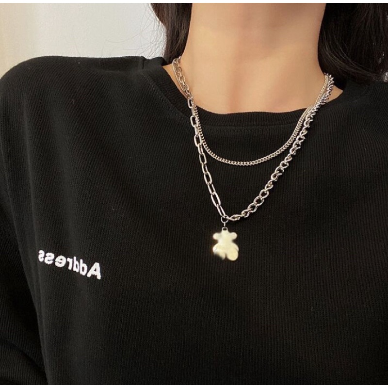 dây chuyền đôi cá tính dạng xích vòng cổ hình con gấu phong cách retro hàn quốc