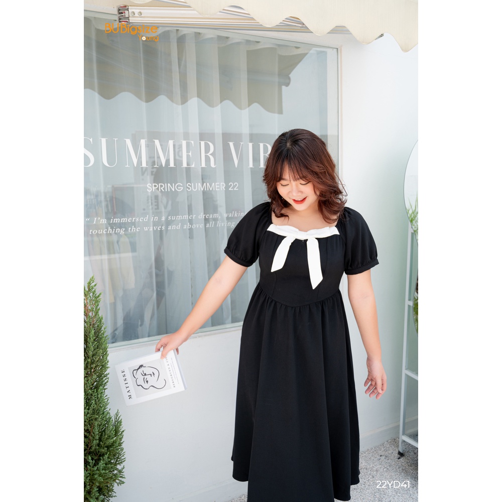 Đầm dáng xoè cổ vuông nơ trắng BIGSIZE (55kg đến 95kg) - 22YD41 - BU Bigsize Young