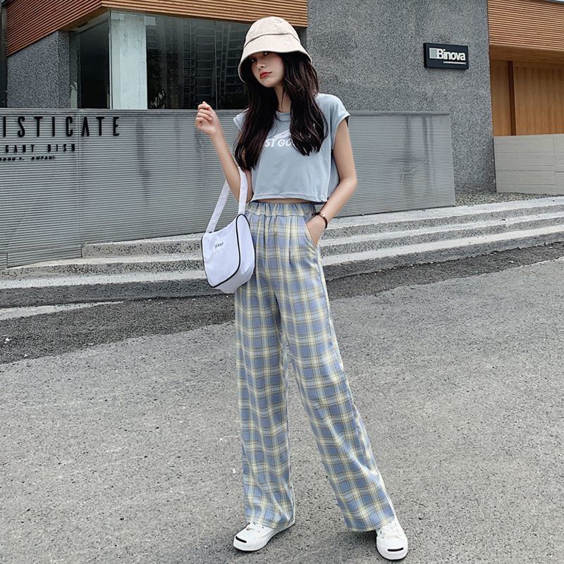3293❤️ korean pants for women plus size high waist plaid pants loose casual straight leg full length