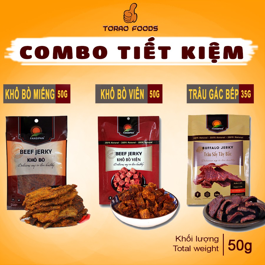 Combo 3 gói 50g - khô bò miếng, khô bò viên, trâu gác bếp