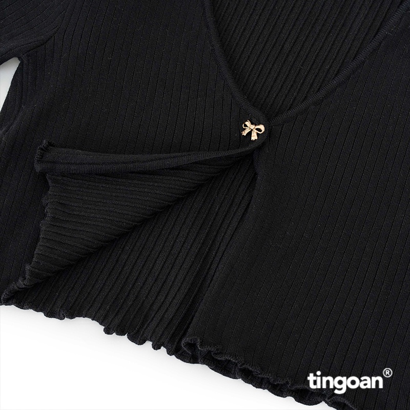 TINGOAN® - Áo set len xù mỏng ngắn tay dáng lửng tặng kèm áo 2 đen SORA TOP/BL