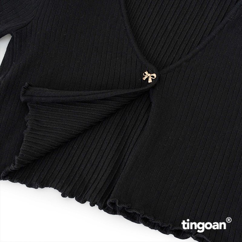 TINGOAN® - Áo set len xù mỏng ngắn tay dáng lửng tặng kèm quây 2 dây đen tingoan SORA TOP/BL