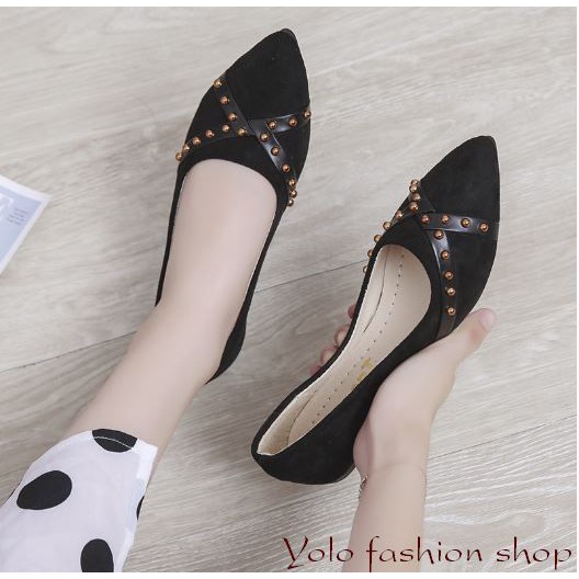 [O5] Giày bệt búp bê nữ đế bằng da lộn đính đinh xinh xắn hàng QC cao cấp - Kèm hình thật | BigBuy360 - bigbuy360.vn
