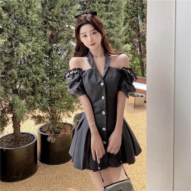 Đầm ngắn tay phồng đính đá thời trang mùa hè mới cho nữ 2021