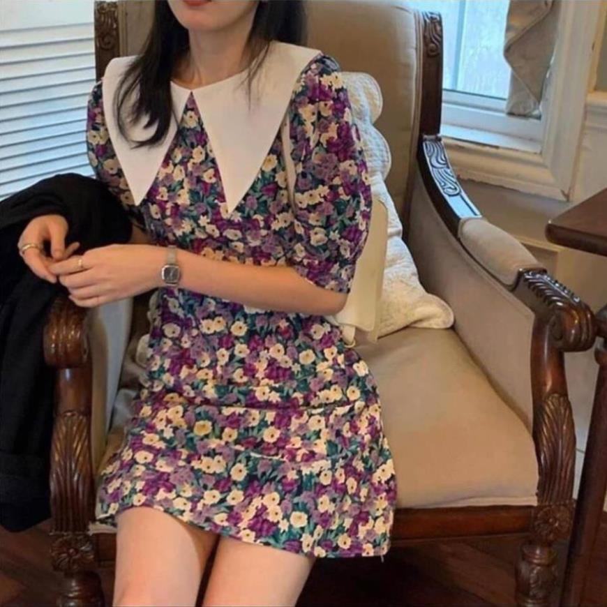 Váy Công Sở Nữ, Đầm Suông Hoa Nhí Phối Cổ Trắng Tay Phồng Chiết Pen Eo Tôn Dáng Trẻ Trung Xinh Đẹp. | BigBuy360 - bigbuy360.vn