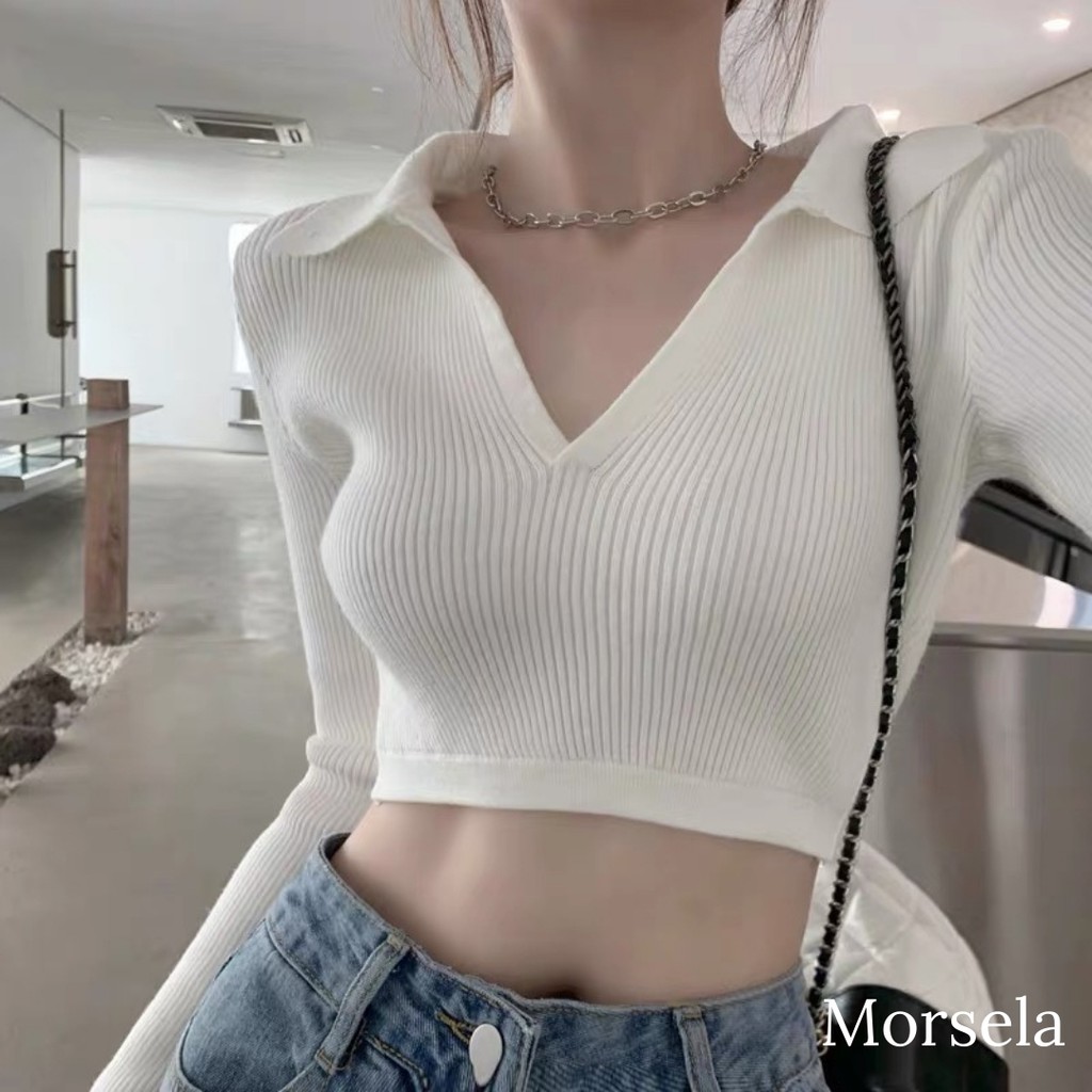 Áo croptop tay dài cổ trụ cột dây lưng - Áo crop top cotton hở lưng - Morsela - CTTD01