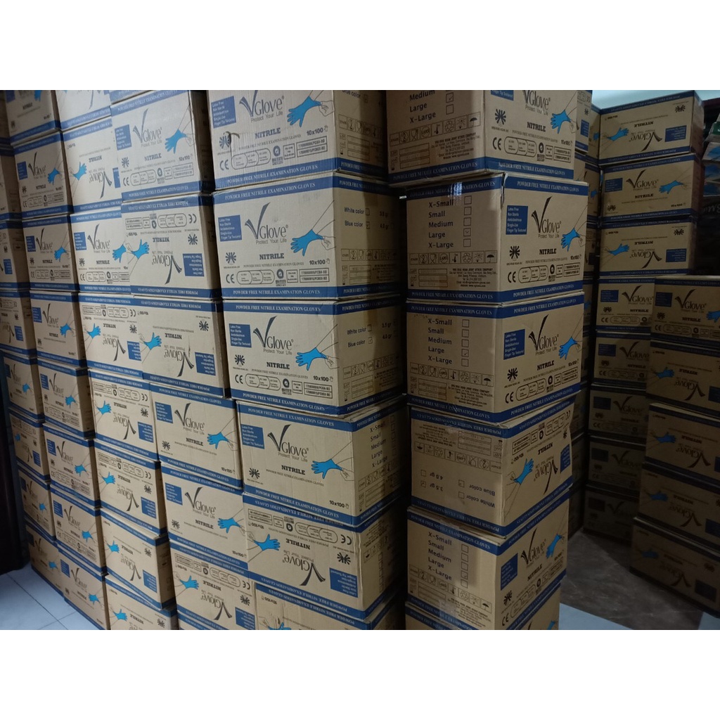 Găng tay y tế  khám bệnh Nitrile Vglove màu xanh , hộp 100 cái , size S L XL