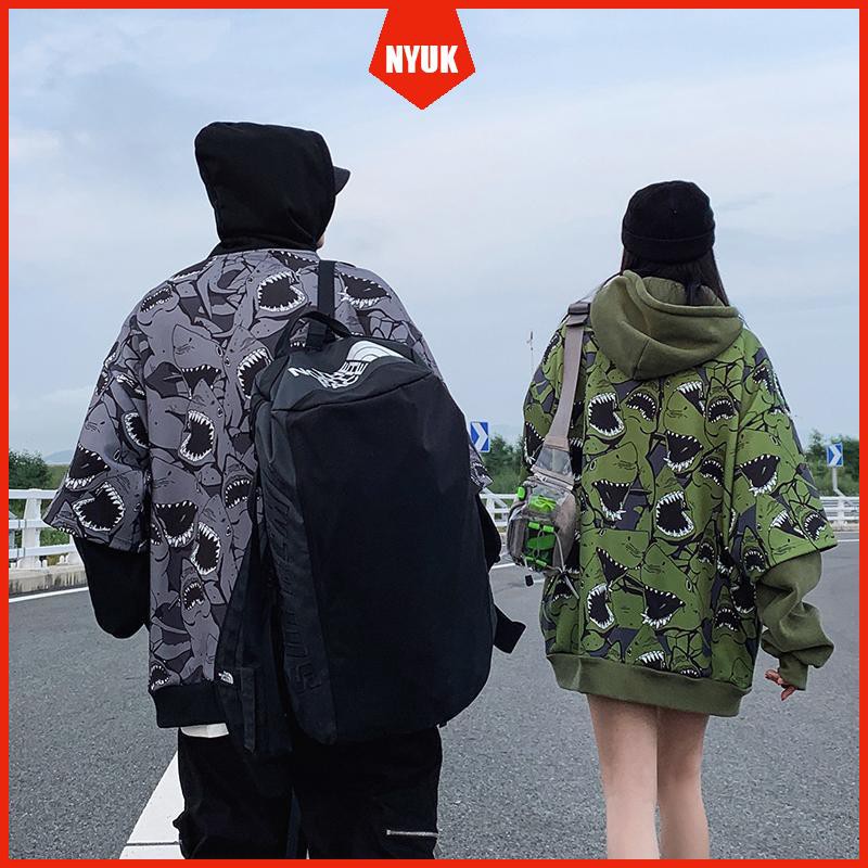 Áo Hoodie Tay Dài Giả Hai Lớp In Họa Tiết Cá Mập Phong Cách Hip Hop Thời Trang Năng Động