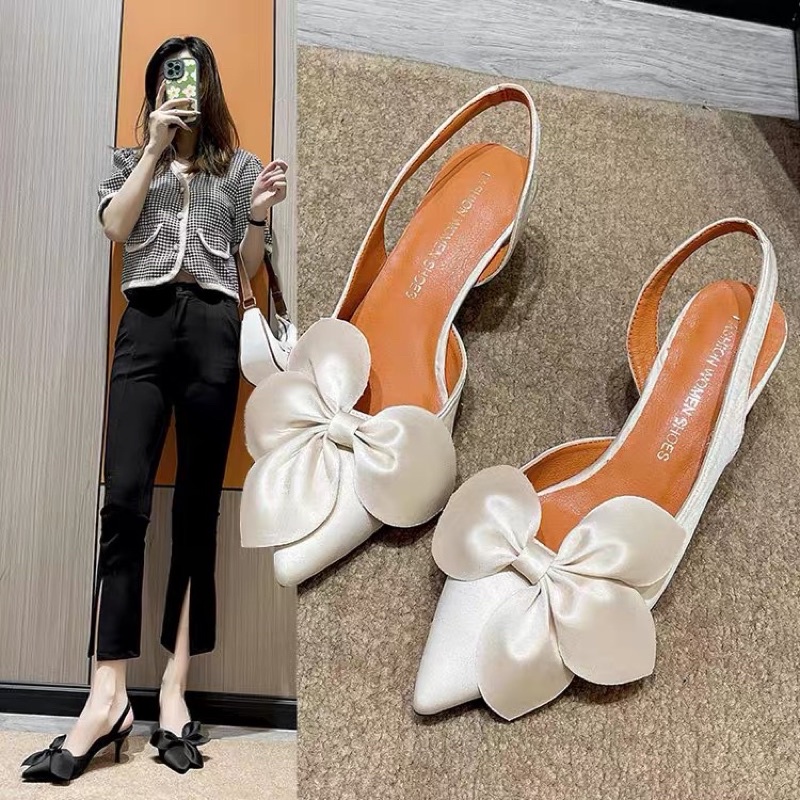 SALE— Sandal hở gót satin mũi nhọn nơ hoa BIG SIZE 41-43