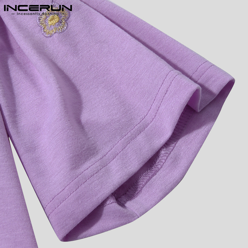 Áo Thun T-shirt INCERUN Dành Cho Nam Thiết Kế Tay Ngắn Thêu Hình Đơn Giản Trơn Màu
